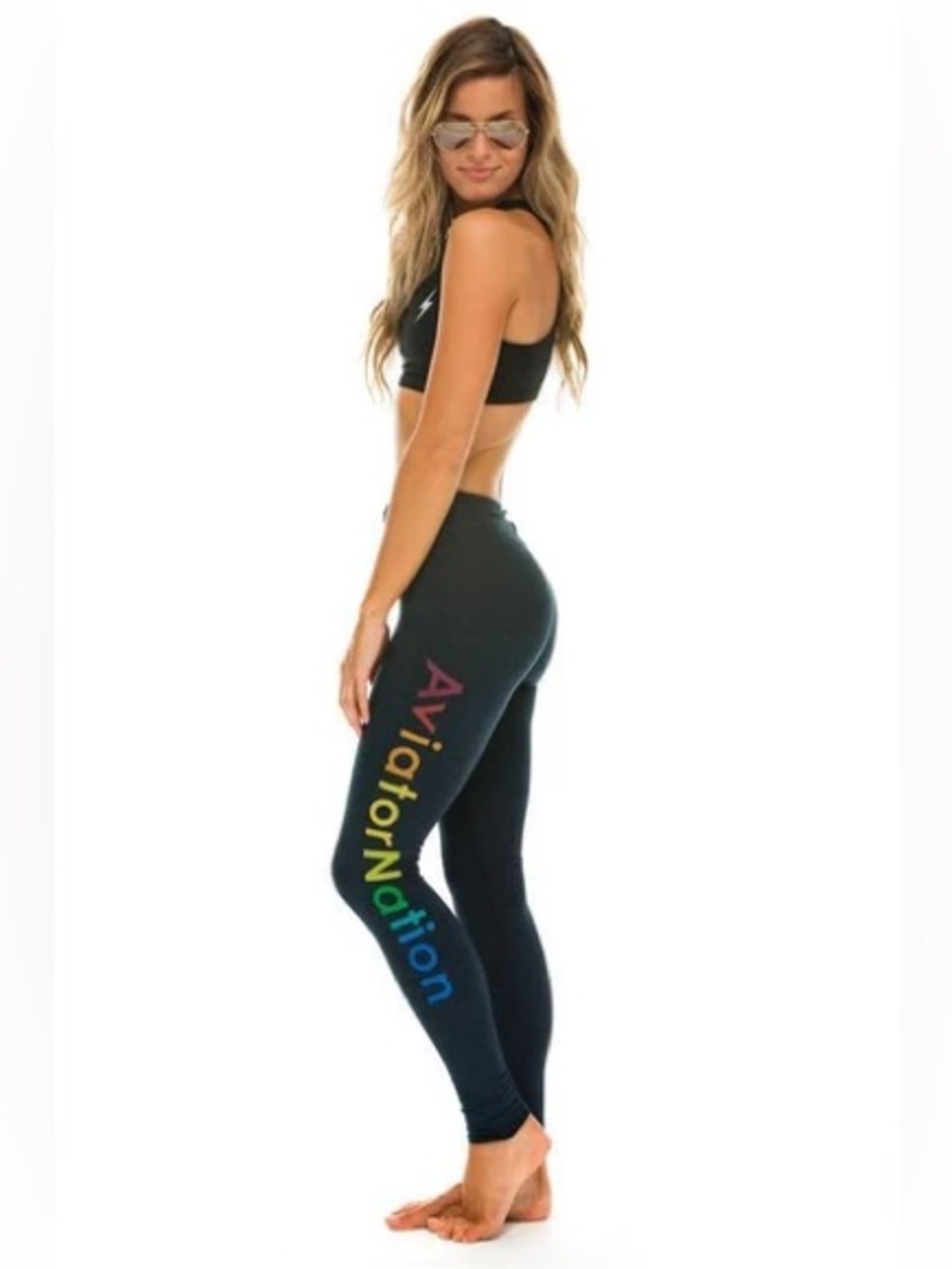 Aviator Nation Charcoal High-Waist Leggings with Rainbow Logo